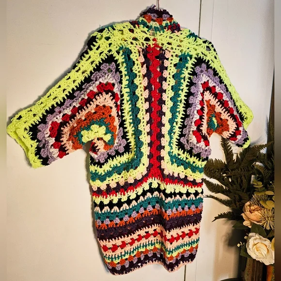 Handmade Crochet Maximalist Long Hex Square Granny Square Short Sleeve Cardigan - Picture 8 of 12